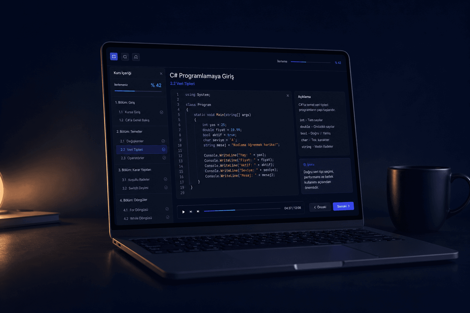 Dizüstü bilgisayarda C# programlama dersi